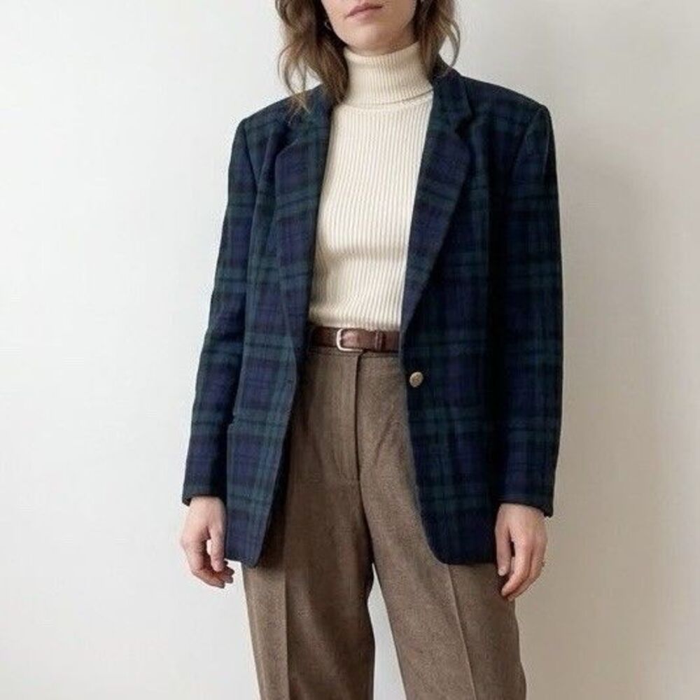 VTG Herman Geist Black Watch Tartan Plaid Wool Blazer Jacket Crest Button Womens